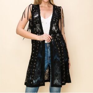 Vocal Black Lace Eyelet Fringe Vest Western Boho Festival Duster NWT M/L